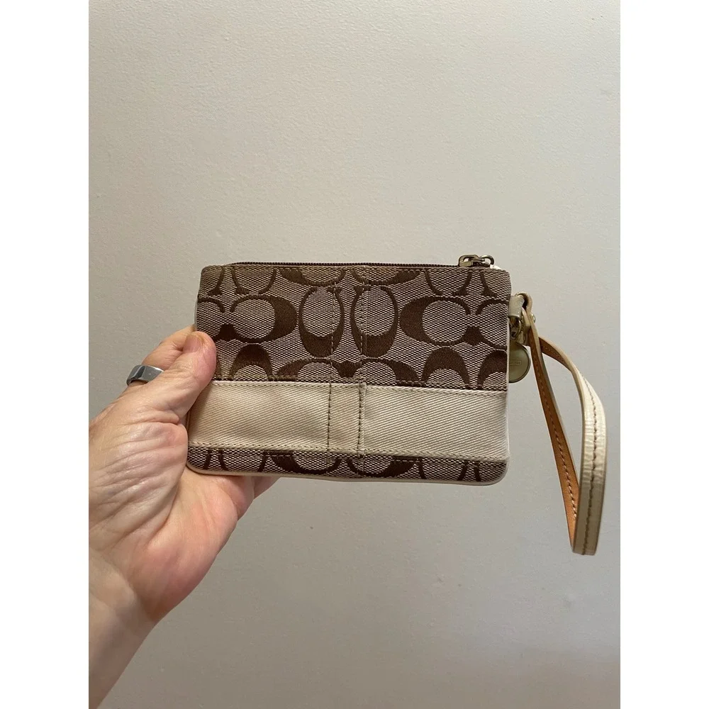 Coach Vintage Small Wristlet Signature Canvas Brown Cream Brass Charm 40028